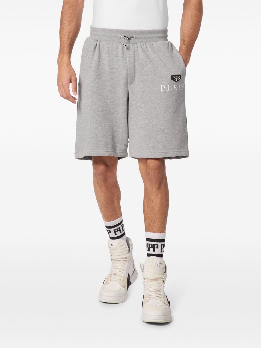 Shop Philipp Plein Logo-plaque Cotton-blend Shorts In Grey