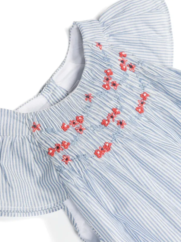 embroidered striped dress Blue V Neck Embroidered Puff Sleeve Tiered Dress