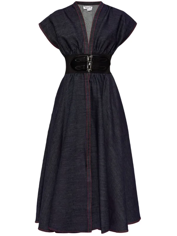 Alaia Belted Denim Midi Dress Blue FARFETCH CA