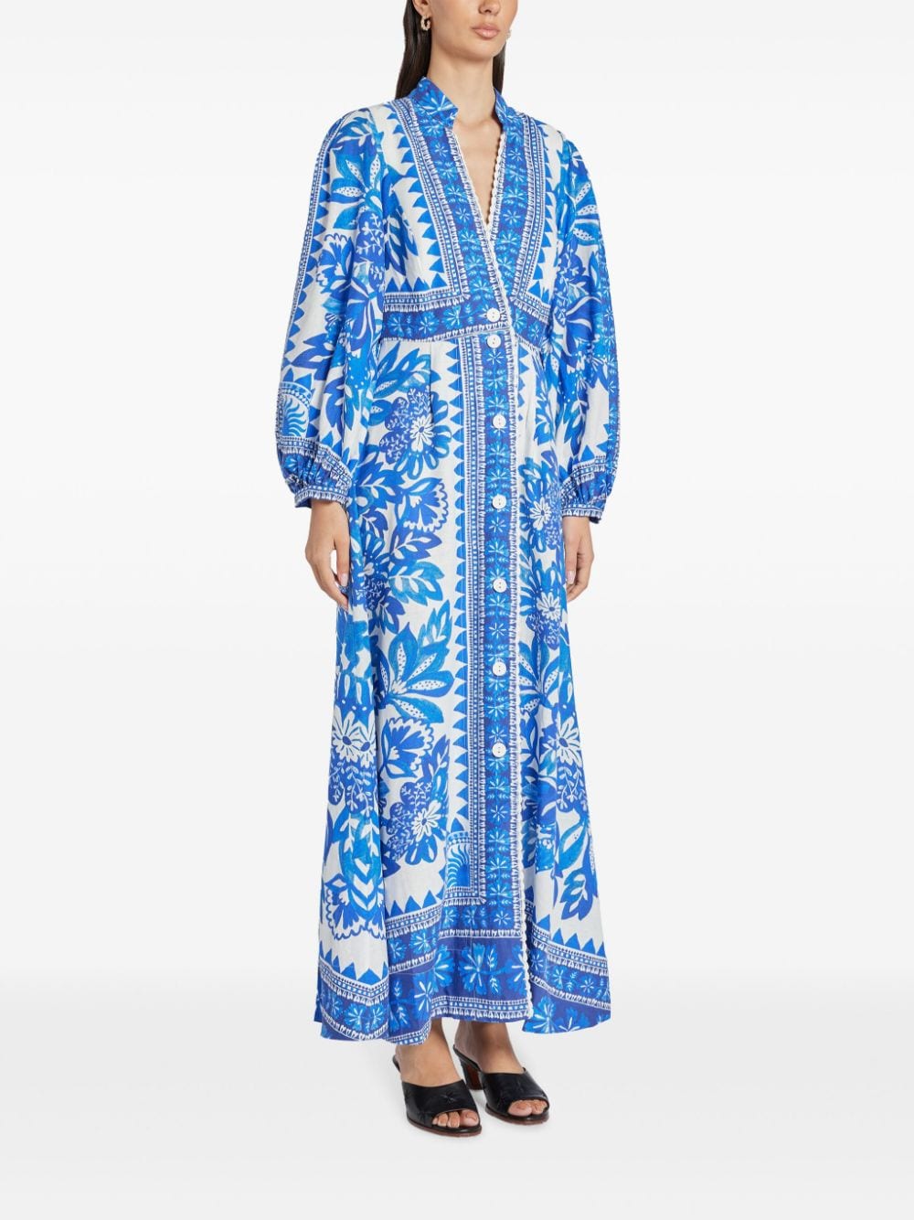 Shop Farm Rio Floral-print Linen Maxi Dress In Blue