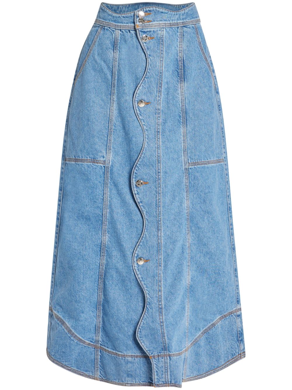 Shop Farm Rio Asymmetric Denim Midi-skirt In Blue