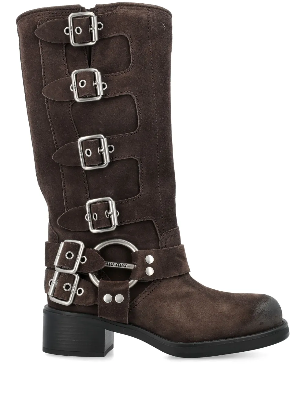 Shop Miu Miu Buckled Suede Boots In Brown