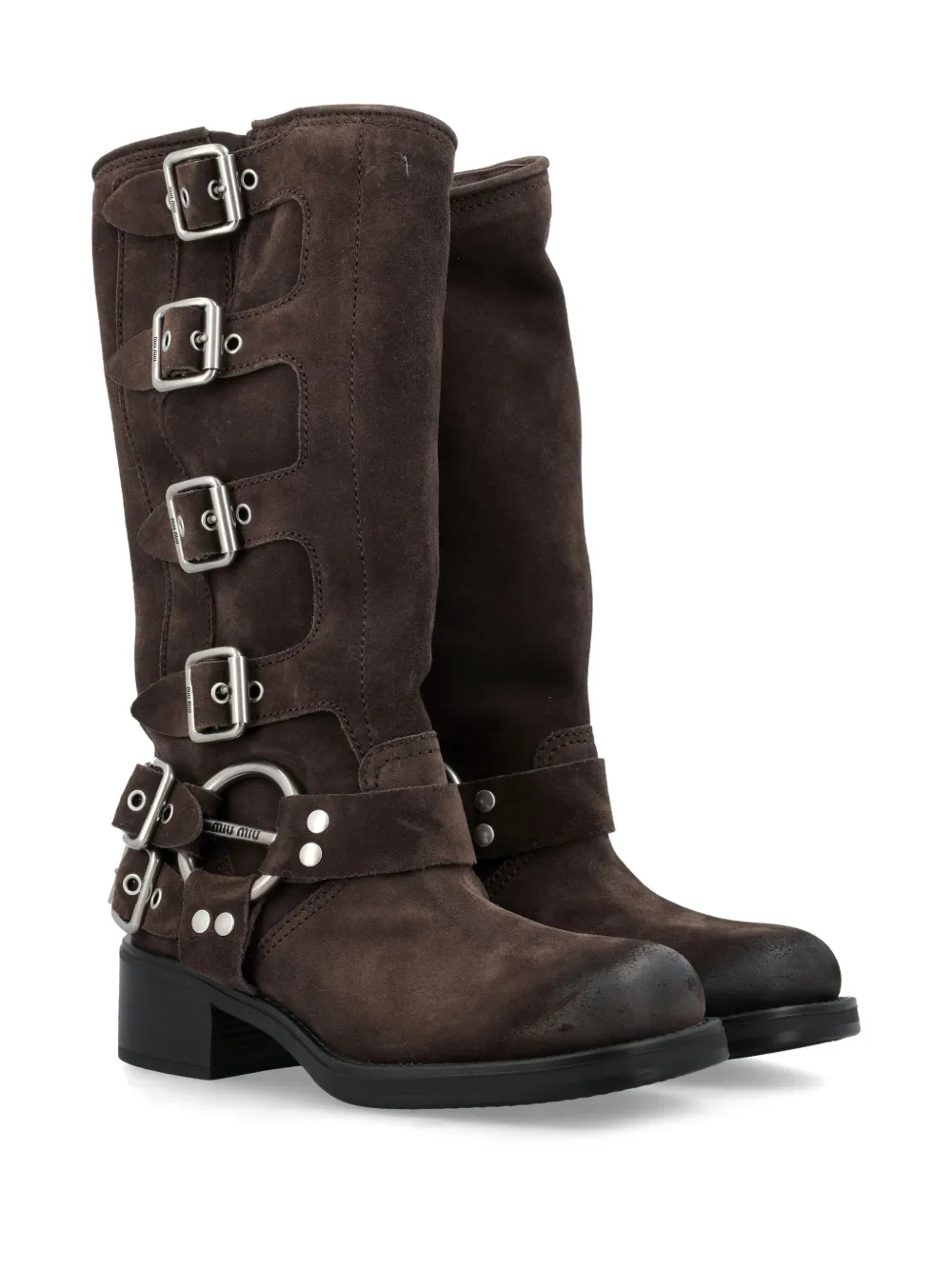 Shop Miu Miu Buckled Suede Boots In Brown