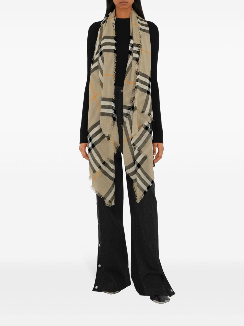 Shop Burberry Raw-cut Checked Wool Scarf In Neutrals