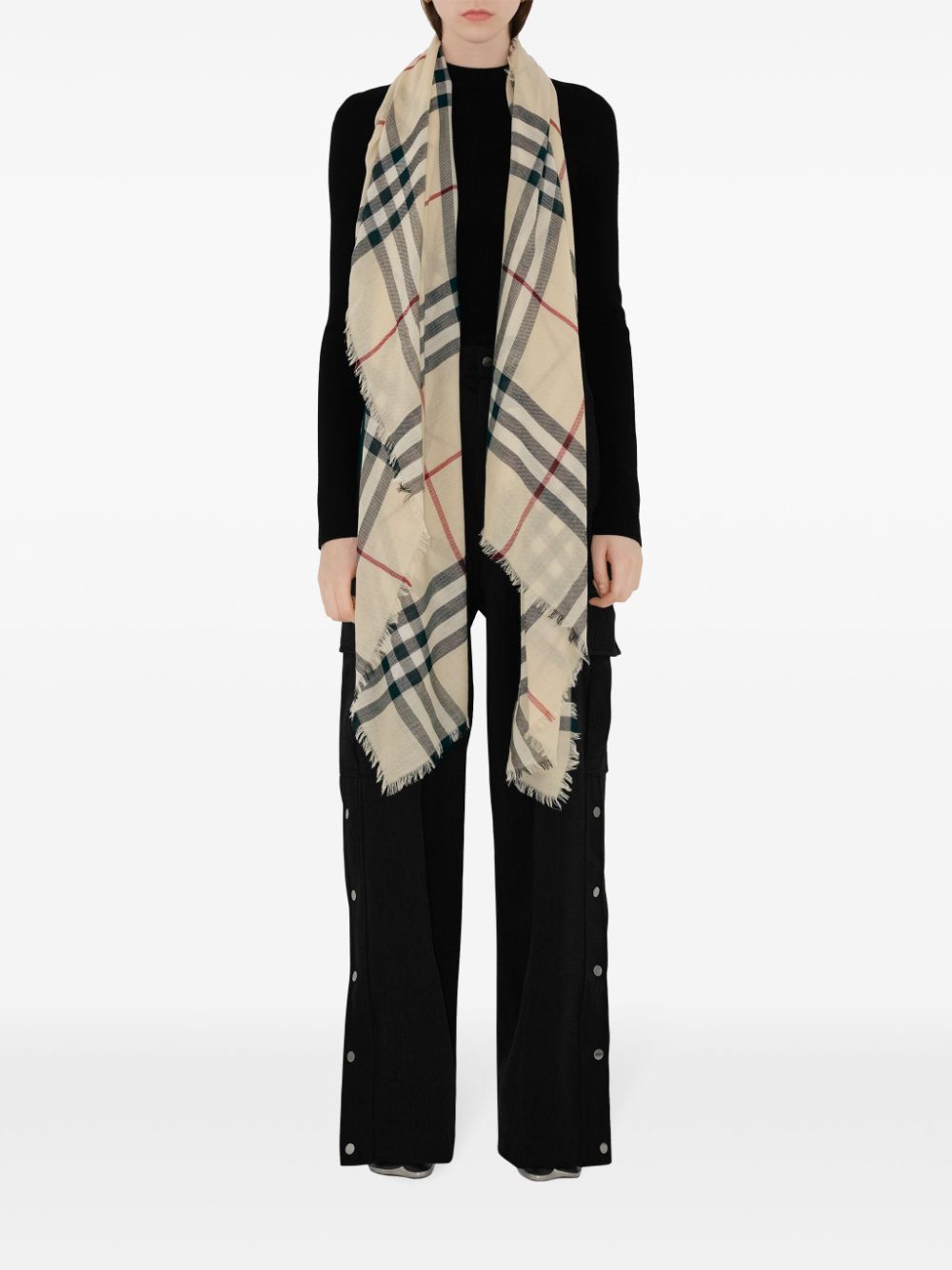 Shop Burberry Raw-cut Checked Wool Scarf In Neutrals