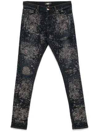 Amiri Men's Crystal-Embellished Logo Skinny Jeans | Neiman