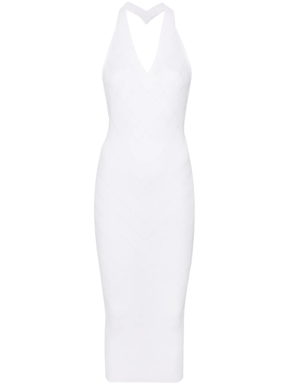 Balmain Halterneck Ribbed-knit Midi Dress In 白色