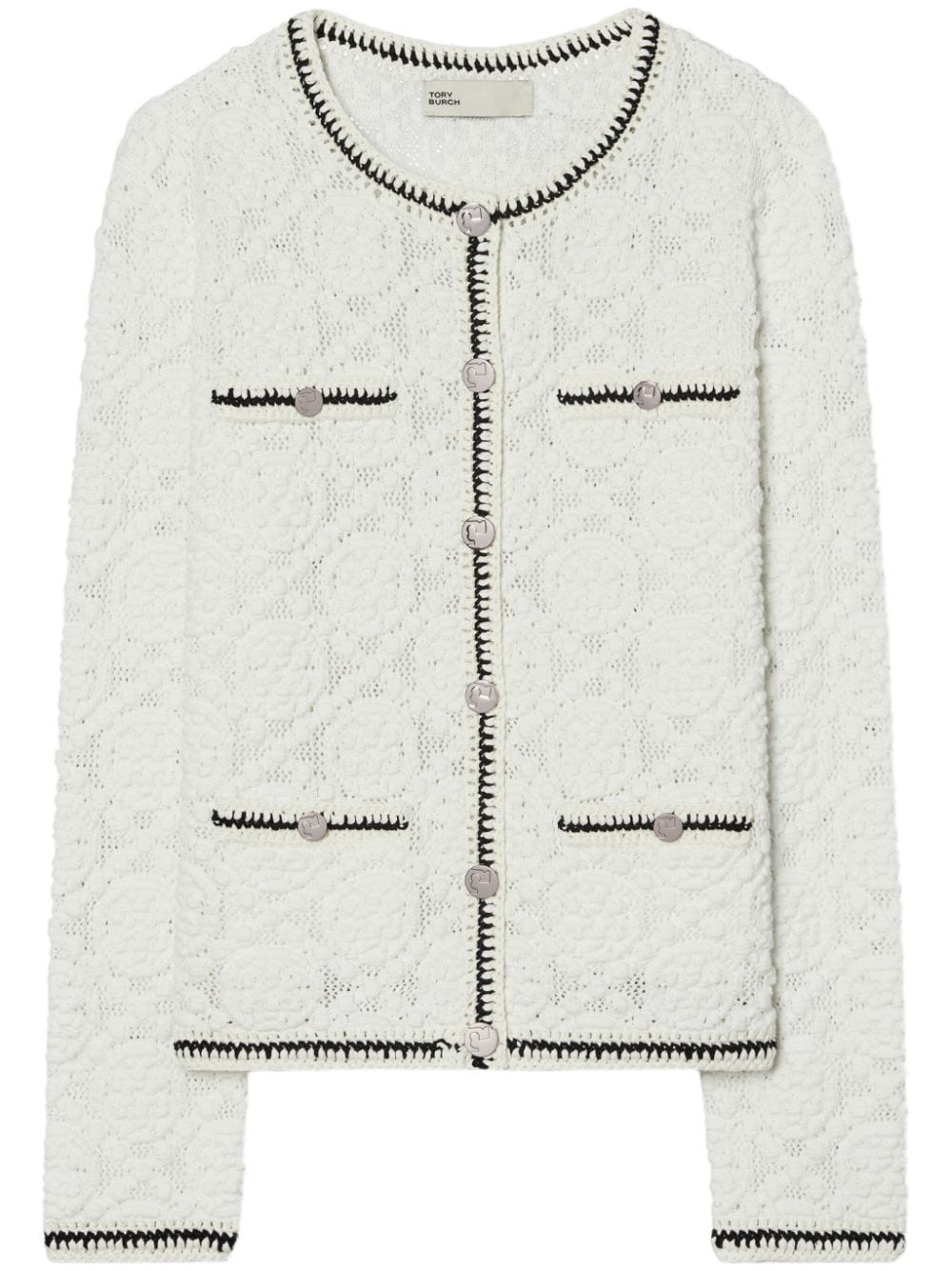 Shop Tory Burch Kendra Logo Lace Cardigan In White