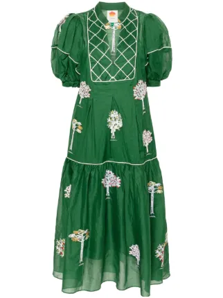 FARM Rio Trees-embroidered Cotton Midi Dress - Farfetch