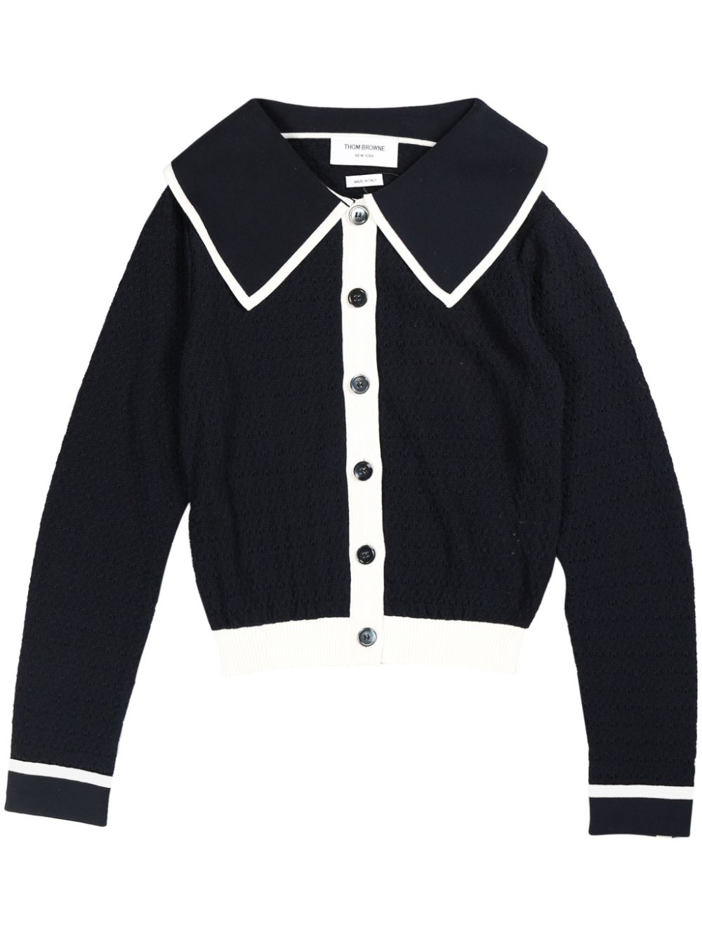 Thom Browne contrasting-trim pointelle-knit cotton cardigan Blauw