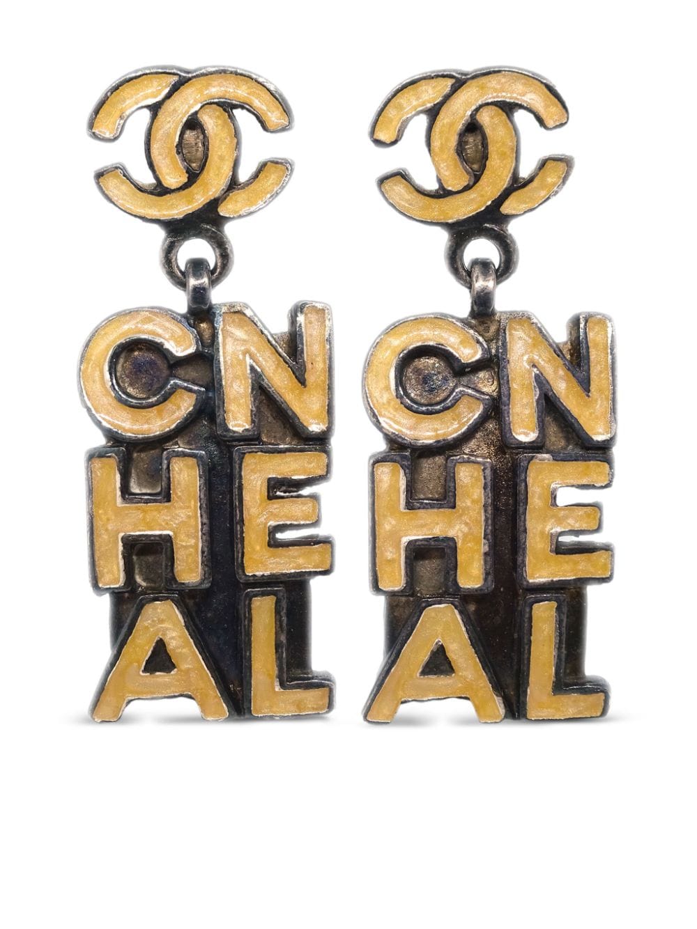 Pre-owned Chanel 2000 Logo Lettering Cc Dangle Stud Earrings In Yellow