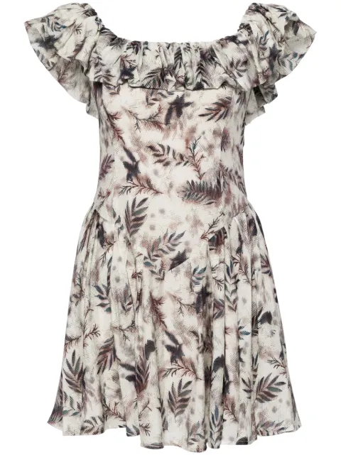 b+ab Schulterfreies Minikleid mit Blätter-Print