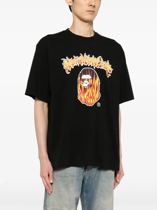 Gold foil fire College logo T-shirt BAPE flame Black A