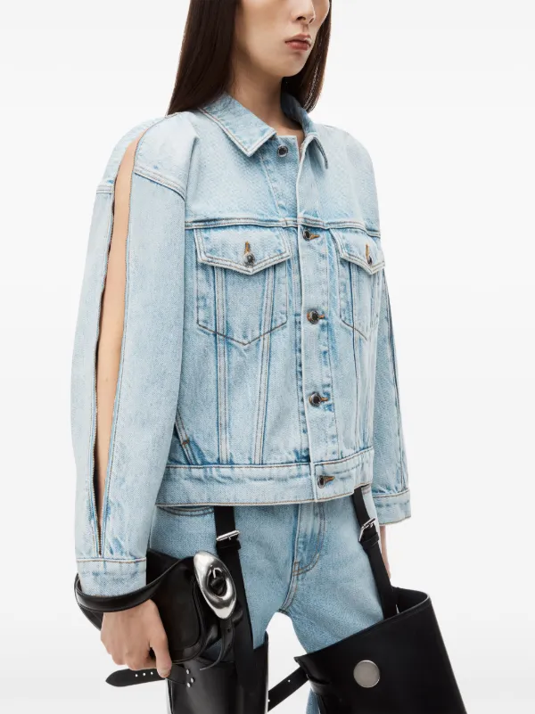 【X-girl】RIB SLEEVE DENIM JACKET Momo Plus Size Womens Peplum Denim Jacket Ruffle Shoulder
