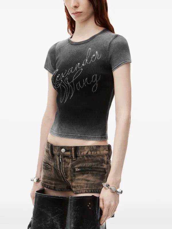 ★関税込★WOOALONG★Cursive lettering back chiffon T-shirt★ Alexander Wang Hotfix Cursive-logo Cotton T-shirt | Grey