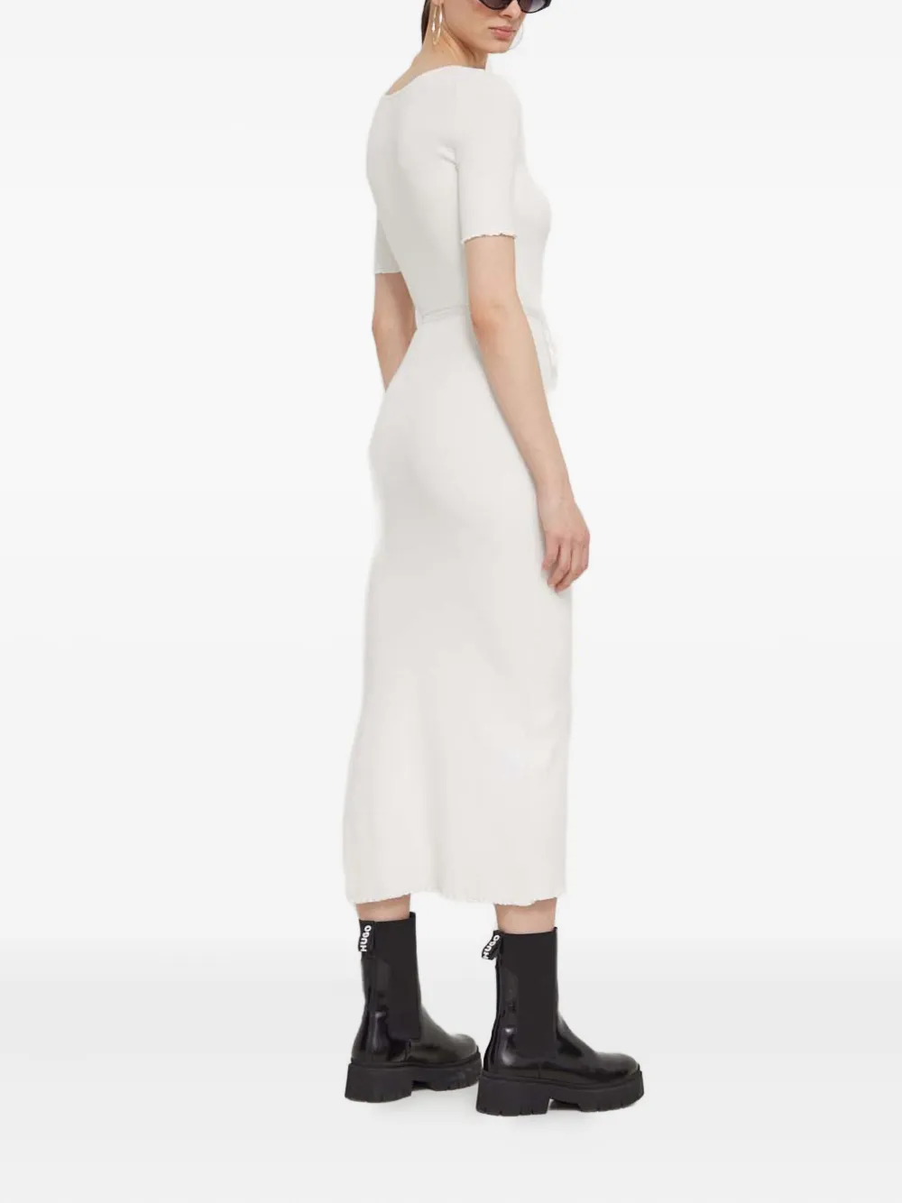 Hugo Boss Ribbed Tie Midi Dress In White