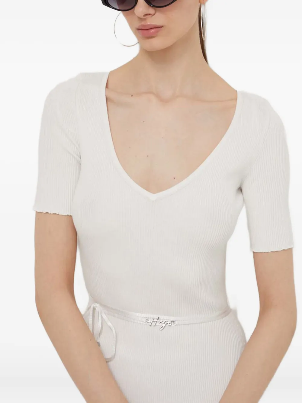 Hugo Boss Ribbed Tie Midi Dress In White