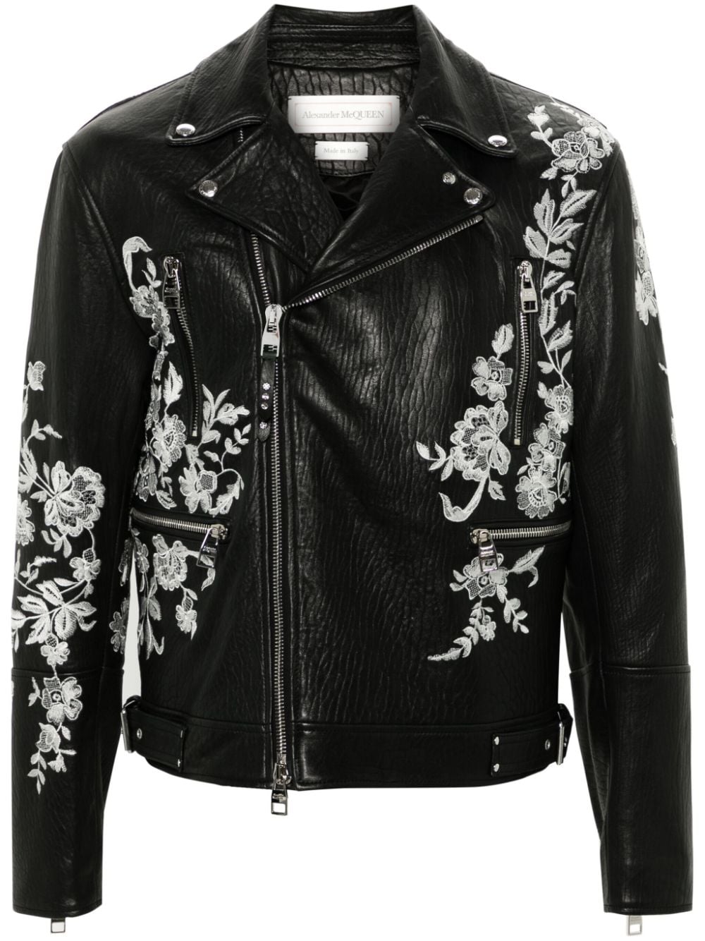 Alexander Mcqueen Floral-embroidered Leather Biker Jacket In Black