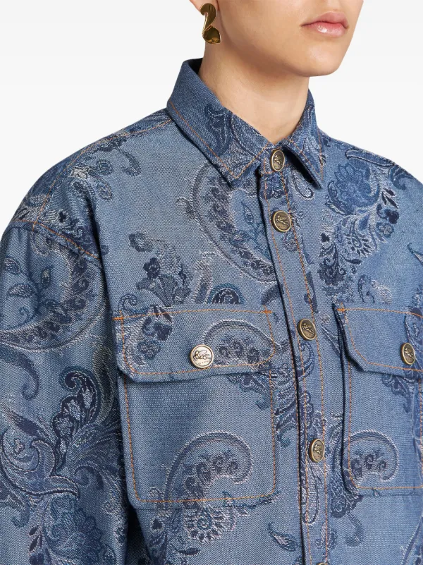 【ETRO】 blue cotton shirt （関税送料込） ETRO Blue Cotton Signature Print Bowling Shirt for Men