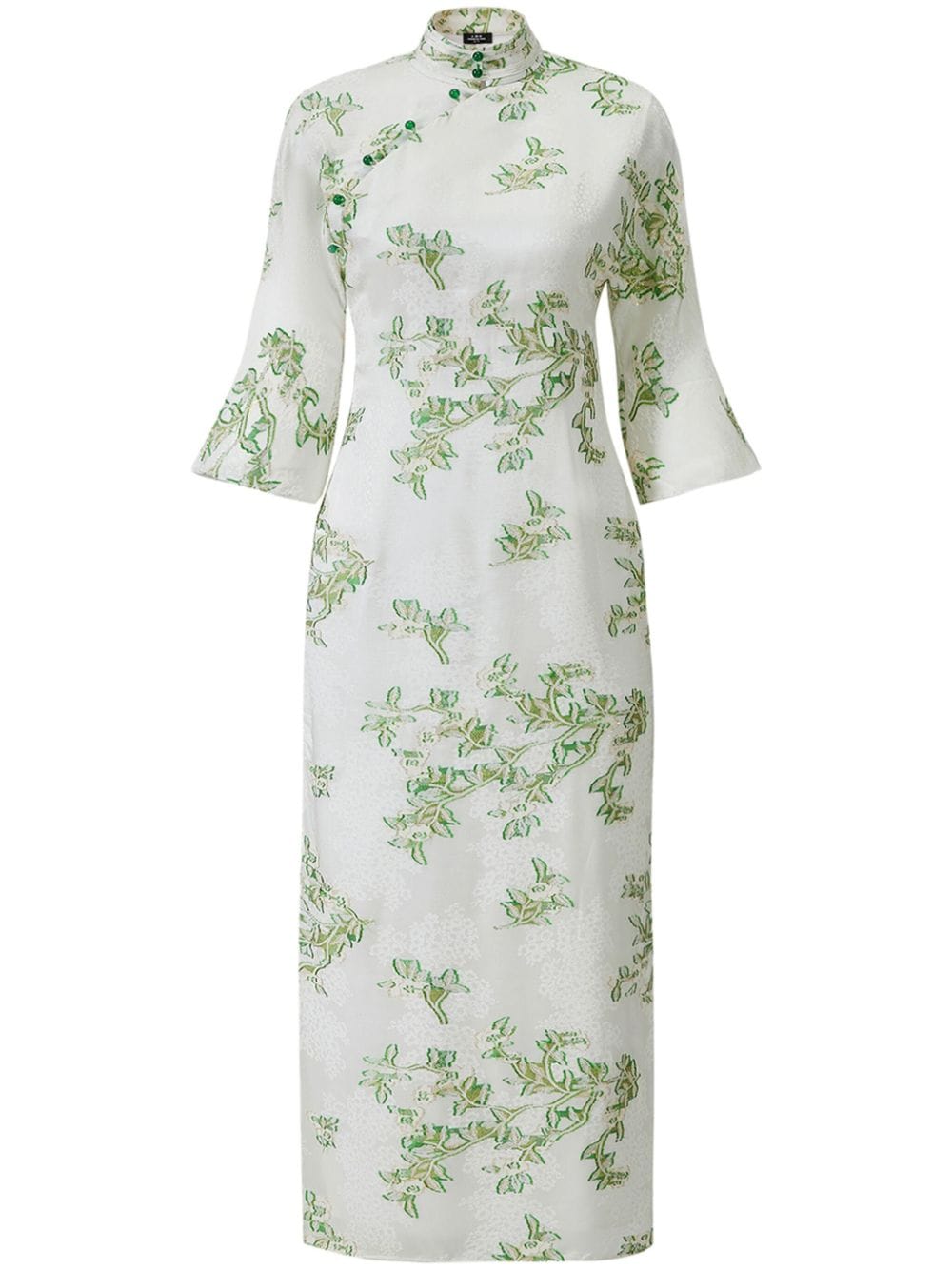 floral-jacquard band-collar gown