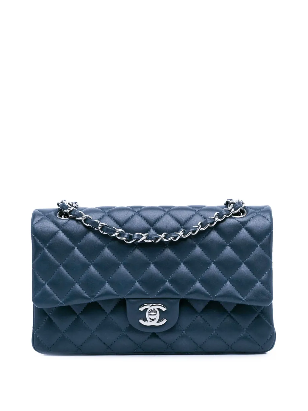 Pre-owned Chanel 2018-2019 Medium Classic Lambskin Double Flap Shoulder Bag In Blue