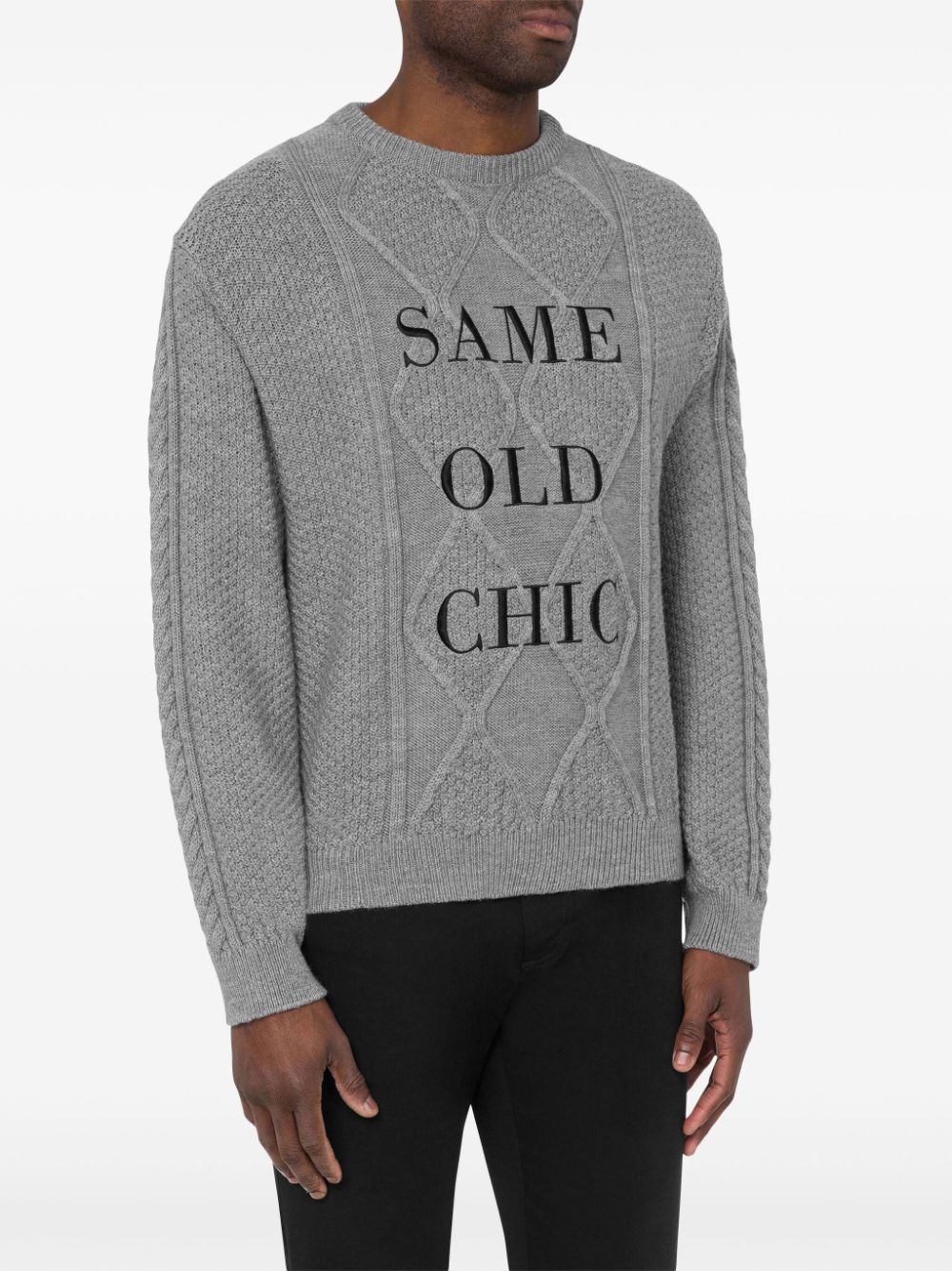 Shop Moschino Embroidered-slogan Virgin Wool Jumper In Grey