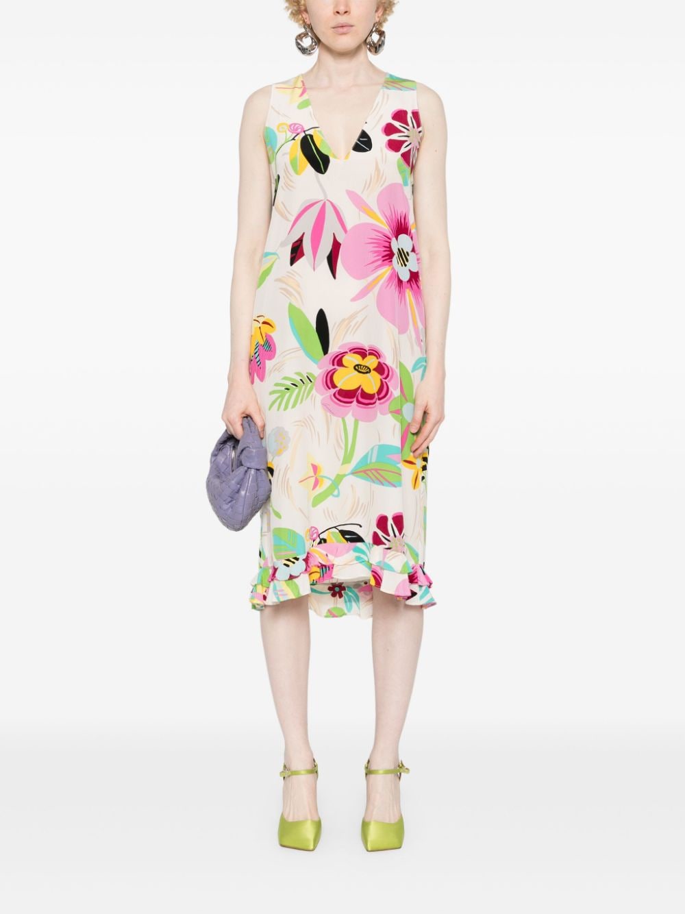 Pre-owned Gucci Floral-print Silk Dress In 白色