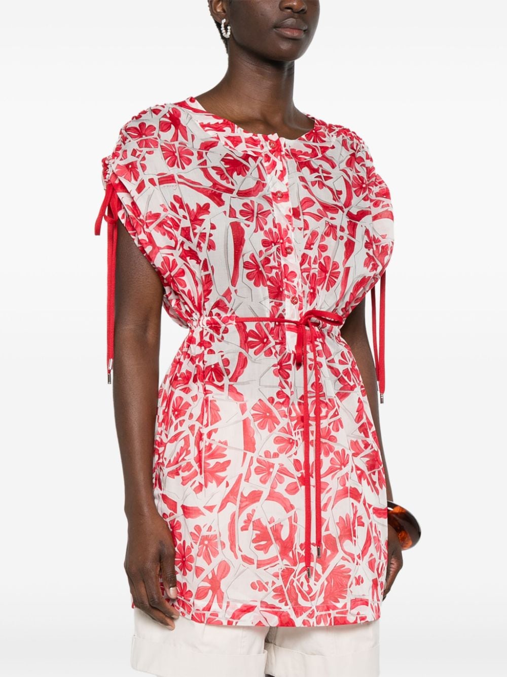 Pre-owned Gucci Floral-print Semi-sheer Mini Dress In Red