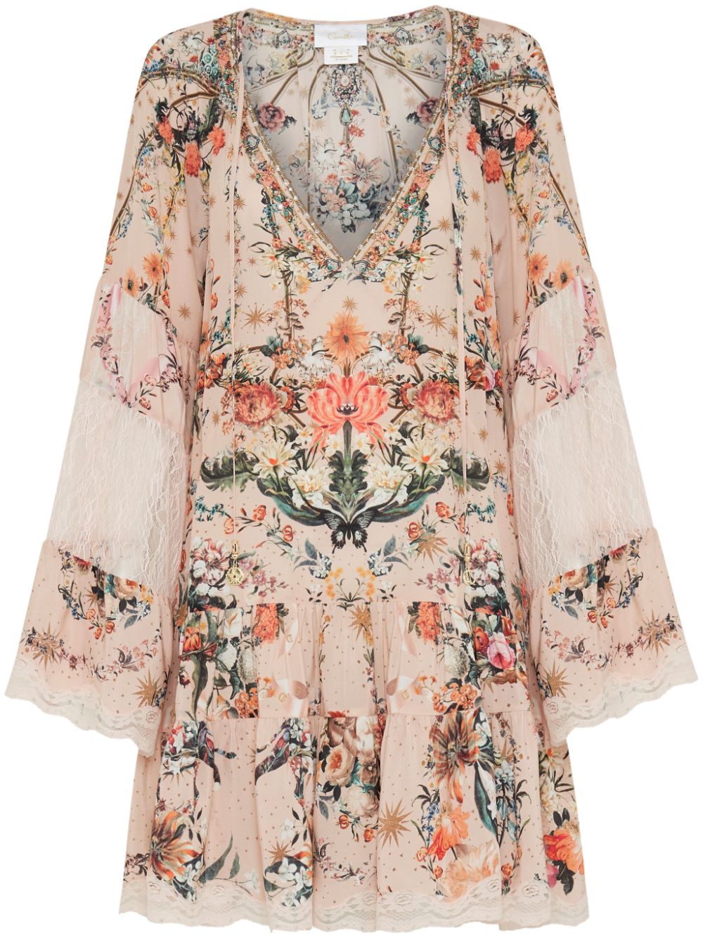 Camilla floral-print A-line silk dress Beige