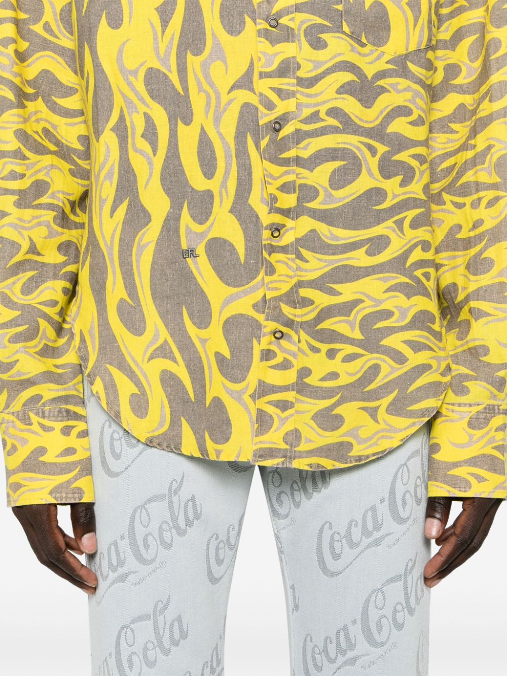 Shop Erl Flame-print Canvas Shirt In Yellow