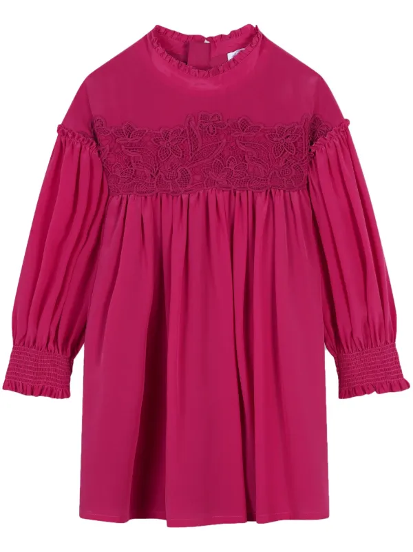 chloe pink lace dress Chlo - Long ruffled dress in Silk mousseline & lace - Garnet Pink - 40