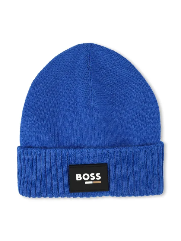 BOSS Kidswear logo-patch Beanie Hat Blue FARFETCH IN