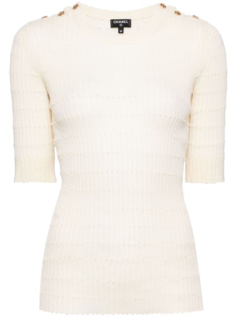 Affordable CHANEL buttoned shoulders wool T-shirt Women