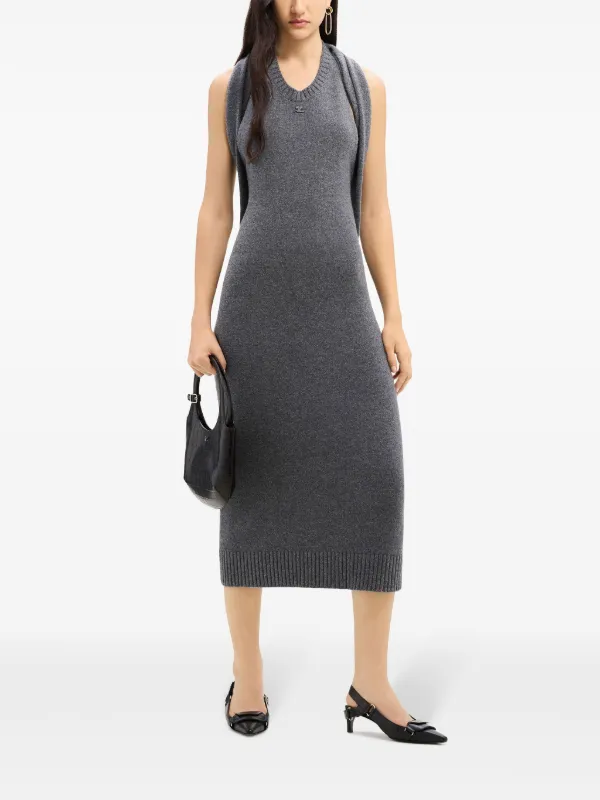 Courrèges Vestido Midi Drapeado Con Hombros Descubiertos Gris