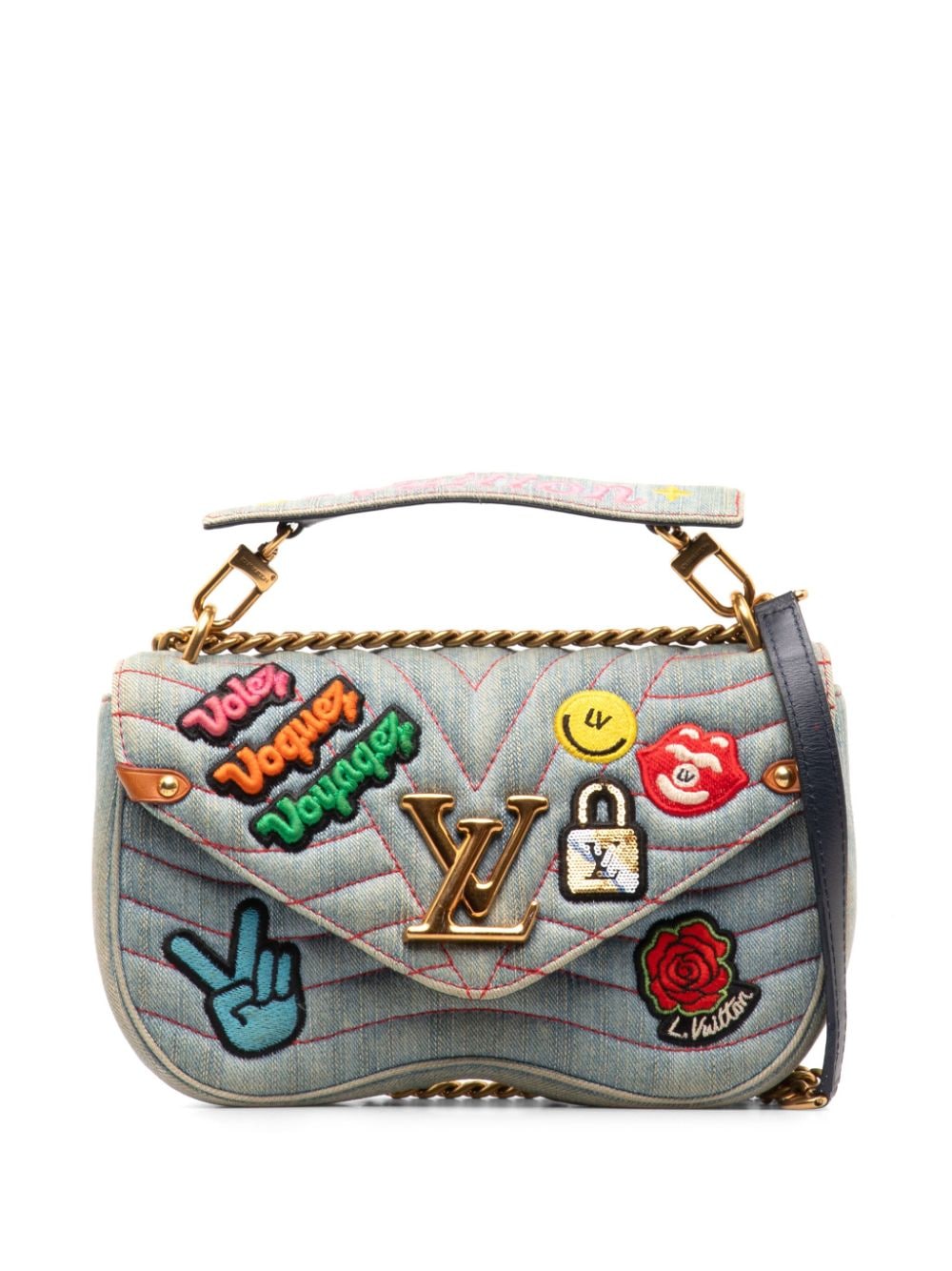 Pre-owned Louis Vuitton 2018 Limited Edition Denim Patches New Wave Chain Mm Crossbody Bag In Blue