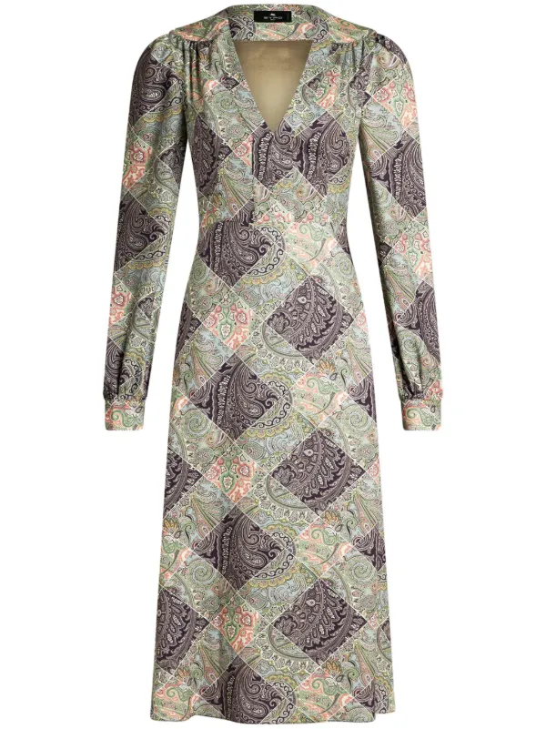 ETRO シルク100% ペイズリーワンピース イタリア製 上品 高級 ひざ丈 ETRO チェック ワンピース | グリーン | FARFETCH JP