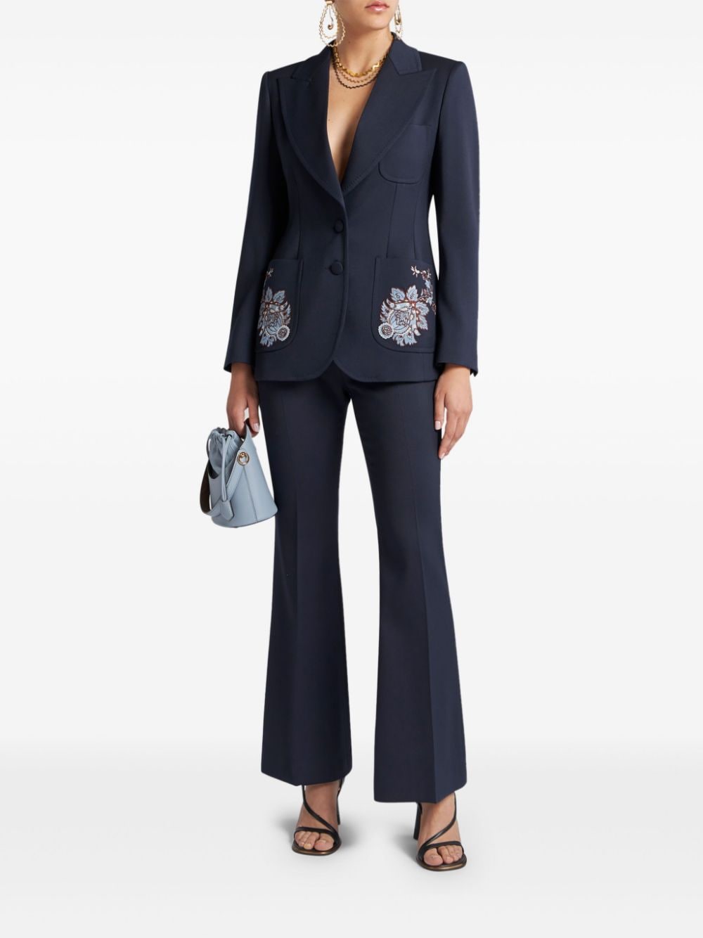 Shop Etro Floral-embroidered Wool Blazer In Blue