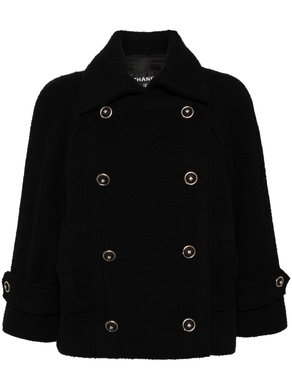 Pre-owned Chanel Four-leaf Clover Buttons Double-breasted Coat In Black
