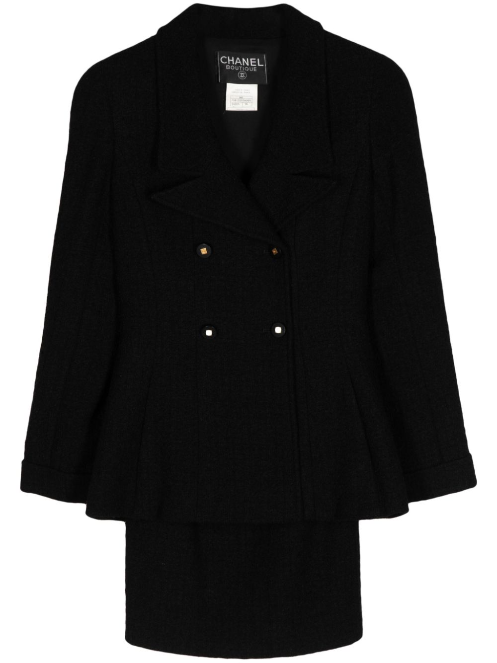 Pre-owned Chanel 1996 Double-breasted Peplum Skirt Suit In Black