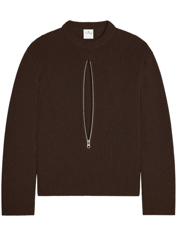 Courrèges Zipped Ribbed Wool Sweater in Brown