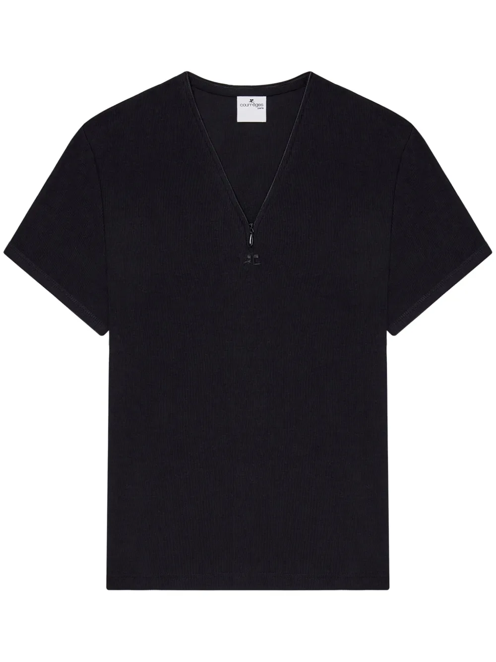 Courrèges 90's V-neck Ribbed T-shirt In Black