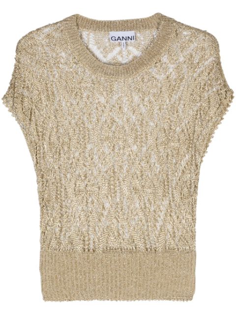 GANNI metallic-effect open-knit T-shirt Women