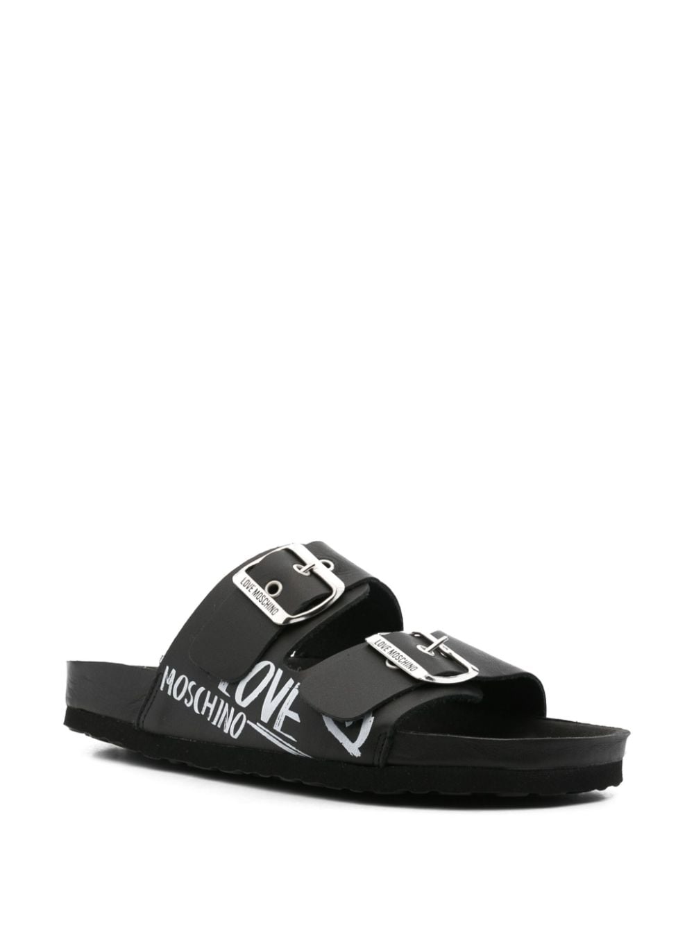 Love Moschino Leren slippers met logoprint - Zwart