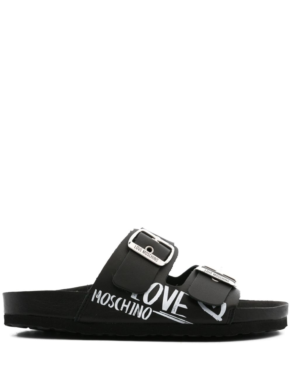 Love Moschino Leren slippers met logoprint Zwart