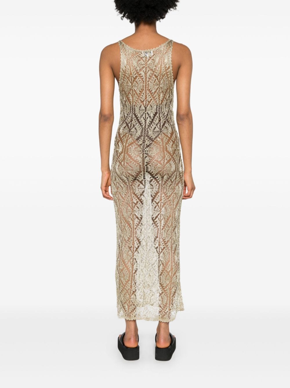 Shop Ganni Metallic Open-knit Maxi Dress In Gold