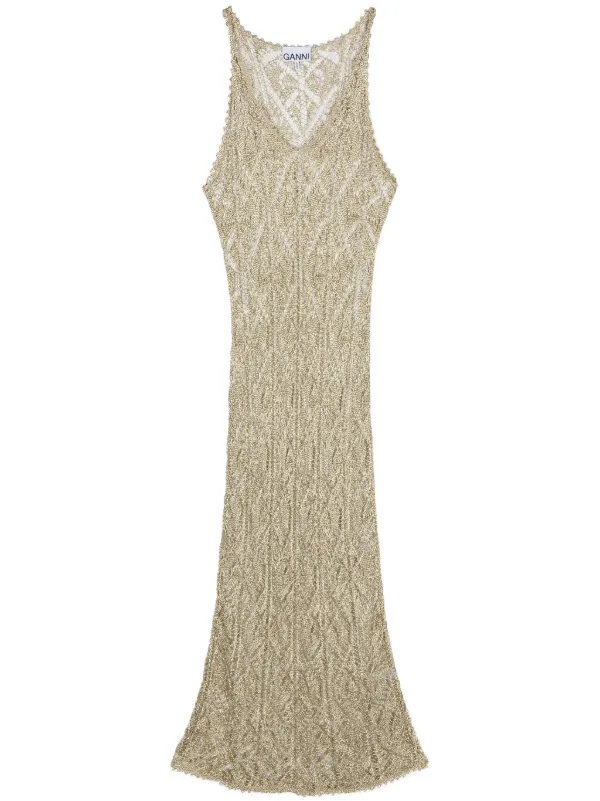 GANNI Metallic open knit Maxi Dress Gold FARFETCH CA