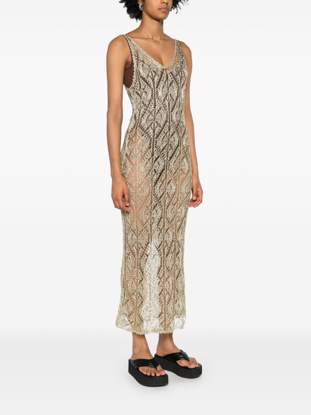 Shop Ganni Metallic Open-knit Maxi Dress In Gold