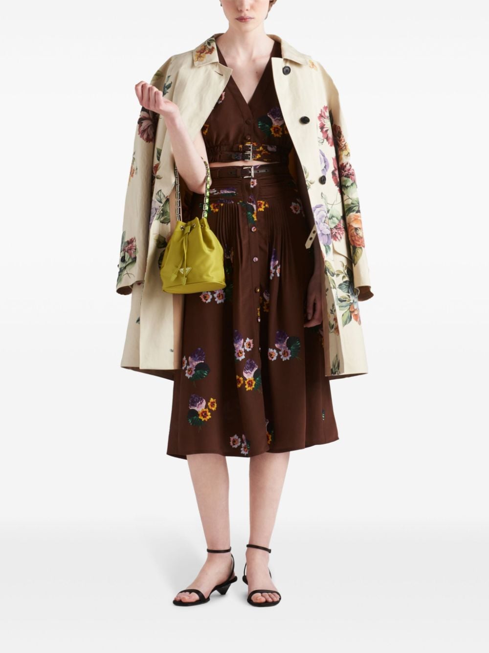 Shop Prada Floral-print Midi Skirt In Braun