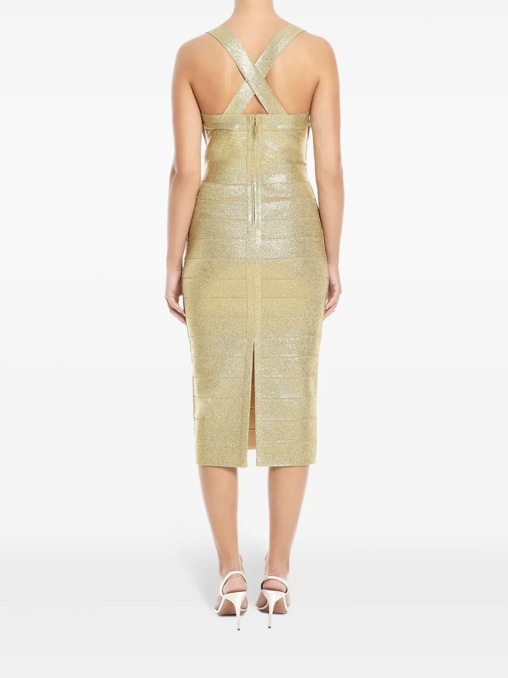 Herve Leger Disco Knit Fringe Dress In Gold