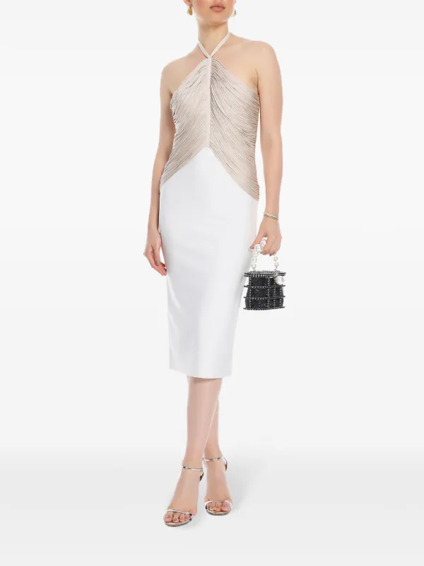 Herv Lger Halterneck Fringe Midi Dress | White | FARFETCH